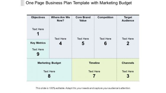 One Page Business Plan Template With Marketing Budget Ppt PowerPoint Presentation Infographic Template Icon PDF