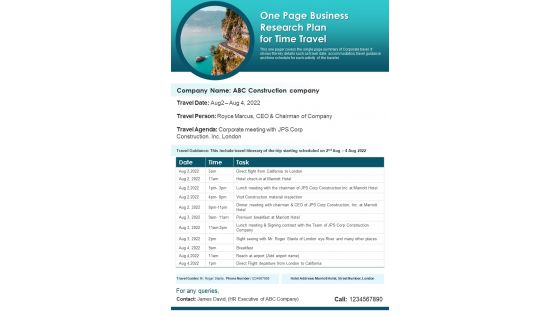 One Page Business Research Plan For Time Travel PDF Document PPT Template One Page Business Research Plan For Time Travel PDF Document PPT Template
