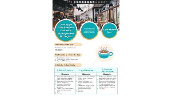 One Page Cafe Business Plan With Management Strategies PDF Document PPT Template