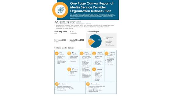 One Page Canvas Report Of Media Service Provider Organization Business Plan PDF Document PPT Template