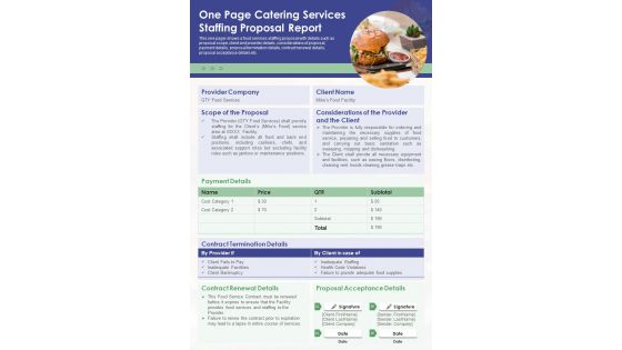 One Page Catering Services Staffing Proposal Report PDF Document PPT Template