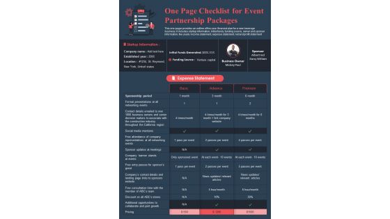 One Page Checklist For Event Partnership Packages PDF Document PPT Template