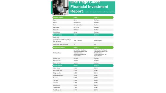 One Page Client Financial Investment Report PDF Document PPT Template