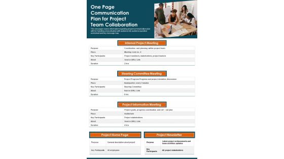 One Page Communication Plan For Project Team Collaboration PDF Document PPT Template