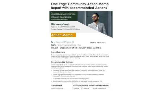 One Page Community Action Memo Report With Recommended Actions PDF Document PPT Template
