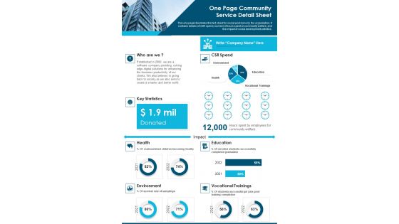 One Page Community Service Detail Sheet PDF Document PPT Template