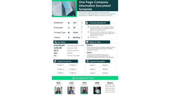 One Page Company Information Document Template PDF Document PPT Template One Page Company Information Document Template PDF Document PPT Template