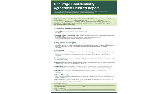 One Page Confidentiality Agreement Detailed Report PDF Document PPT Template