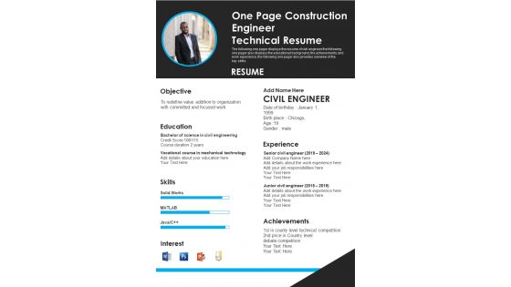 One Page Construction Engineer Technical Resume PDF Document PPT Template