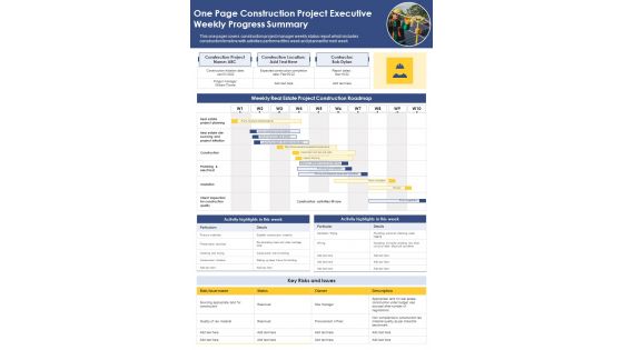 One Page Construction Project Executive Weekly Progress Summary PDF Document PPT Template