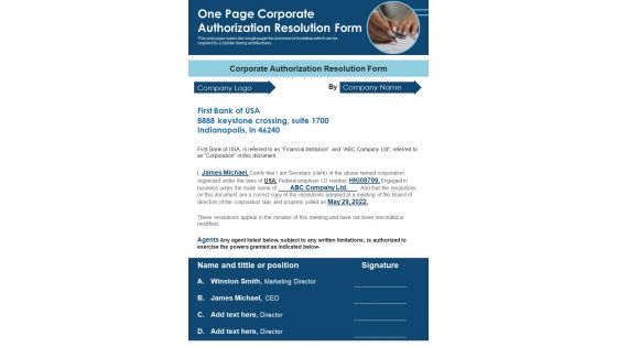 One Page Corporate Authorization Resolution Form PDF Document PPT Template