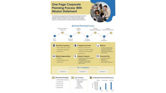 One Page Corporate Planning Process With Mission Statement PDF Document PPT Template
