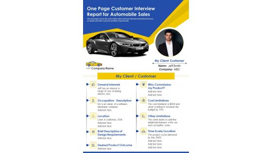 One Page Customer Interview Report For Automobile Sales PDF Document PPT Template
