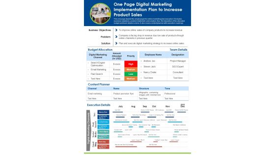 One Page Digital Marketing Implementation Plan To Increase Product Sales PDF Document PPT Template