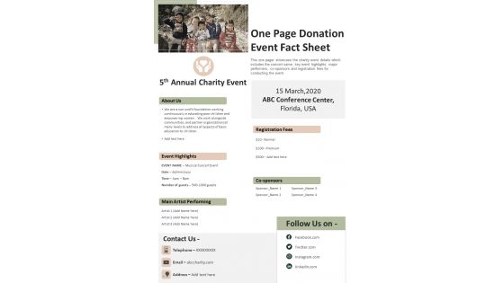 One Page Donation Event Fact Sheet PDF Document PPT Template