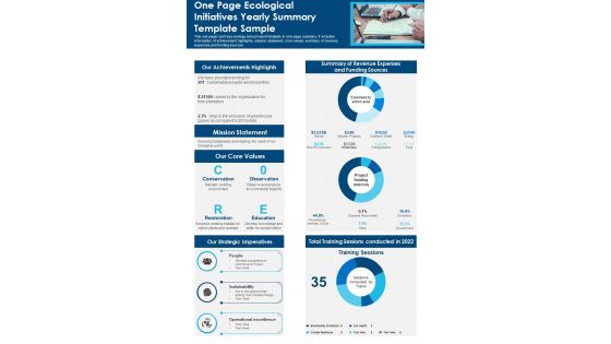 One Page Ecological Initiatives Yearly Summary Template Sample PDF Document PPT Template