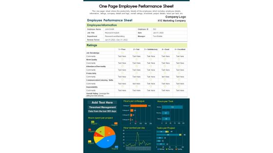 One Page Employee Performance Sheet PDF Document PPT Template