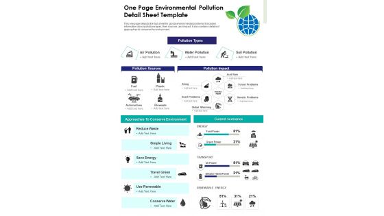 One Page Environmental Pollution Detail Sheet Template PDF Document PPT Template