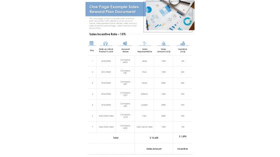 One Page Example Sales Reward Plan Document PDF Document PPT Template
