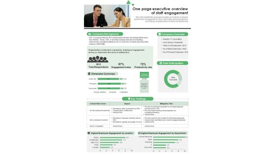 One Page Executive Overview Of Staff Engagement PDF Document PPT Template