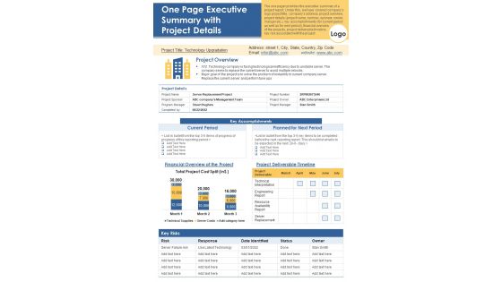 One Page Executive Summary With Project Details PDF Document PPT Template