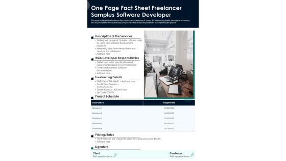 One Page Fact Sheet Freelancer Samples Software Developer PDF Document PPT Template