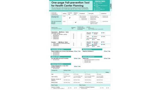 One Page Fall Prevention Tool For Health Center Planning PDF Document PPT Template