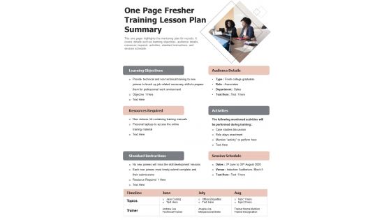 One Page Fresher Training Lesson Plan Summary PDF Document PPT Template
