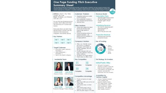 One Page Funding Pitch Executive Summary Sheet PDF Document PPT Template