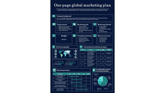 One Page Global Marketing Plan PDF Document PPT Template