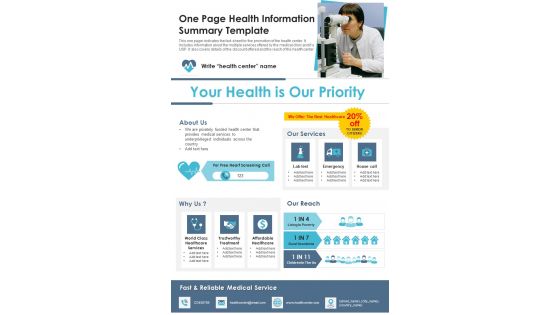 One Page Healthcare Information Sheet Template PDF Document PPT Template