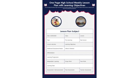 One Page High School Weekly Lesson Plan With Learning Objectives PDF Document PPT Template