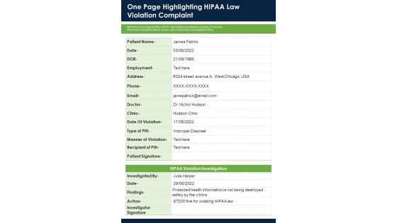 One Page Highlighting HIPAA Law Violation Complaint PDF Document PPT Template