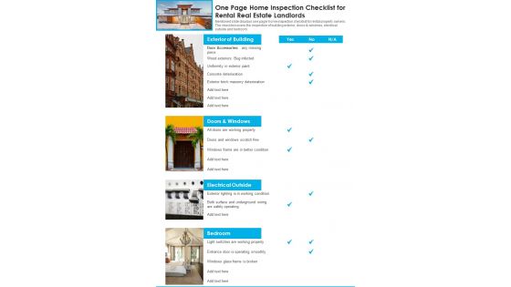 One Page Home Inspection Checklist For Rental Real Estate Landlords PDF Document PPT Template
