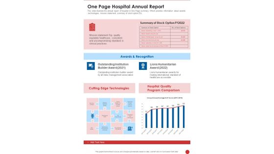 One Page Hospital Annual Report One Pager Documents One Page Hospital Annual Report One Pager Documents
