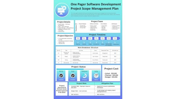 One Page IT Software Development Project Scope Administration Plan PDF Document PPT Template