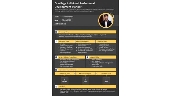 One Page Individual Professional Development Planner PDF Document PPT Template