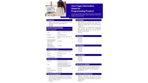 One Page Information Sheet For Programming Product PDF Document PPT Template
