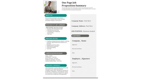 One Page Job Proposition Summary PDF Document PPT Template