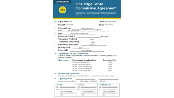 One Page Lease Commission Agreement PDF Document PPT Template