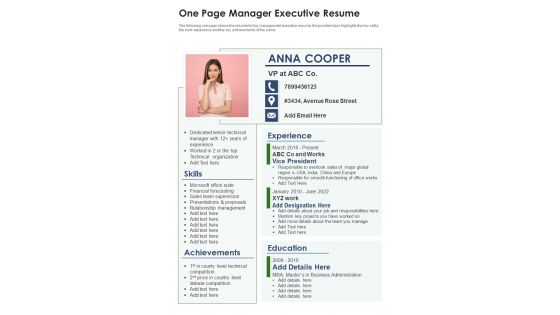 One Page Manager Executive Resume PDF Document PPT Template