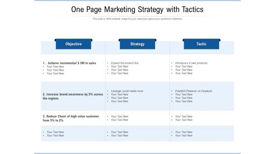 One Page Marketing Strategy With Tactics Ppt PowerPoint Presentation Gallery Templates PDF