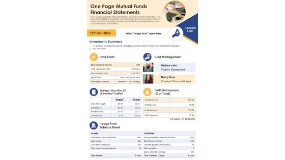 One Page Mutual Funds Financial Statements PDF Document PPT Template