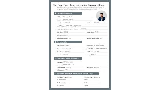 One Page New Hiring Information Summary Sheet PDF Document PPT Template