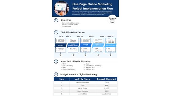 One Page Online Marketing Project Implementation Plan PDF Document PPT Template
