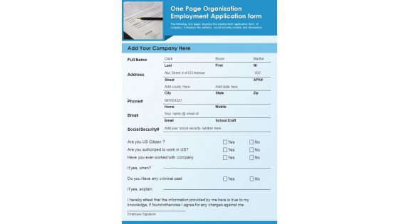 One Page Organization Employment Application Form PDF Document PPT Template