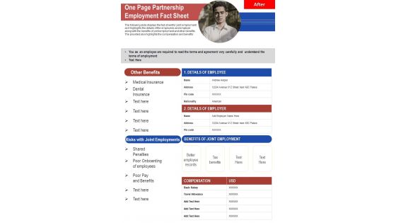 One Page Partnership Employment Fact Sheet PDF Document PPT Template