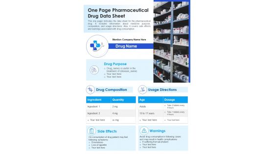 One Page Pharmaceutical Drug Data Sheet PDF Document PPT Template One Page Pharmaceutical Drug Data Sheet PDF Document PPT Template