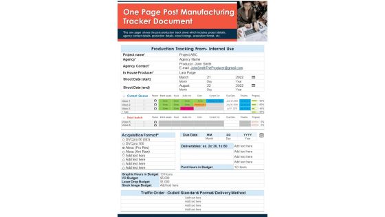 One Page Post Manufacturing Tracker Document PDF Document PPT Template