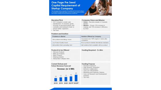 One Page Pre Seed Capital Requirement Of Startup Company PDF Document PPT Template